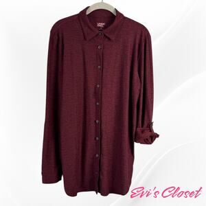 Lands End Women's Burgundy Roll up Sleeve Button Up Shirt Sz M  10-12 Pleated